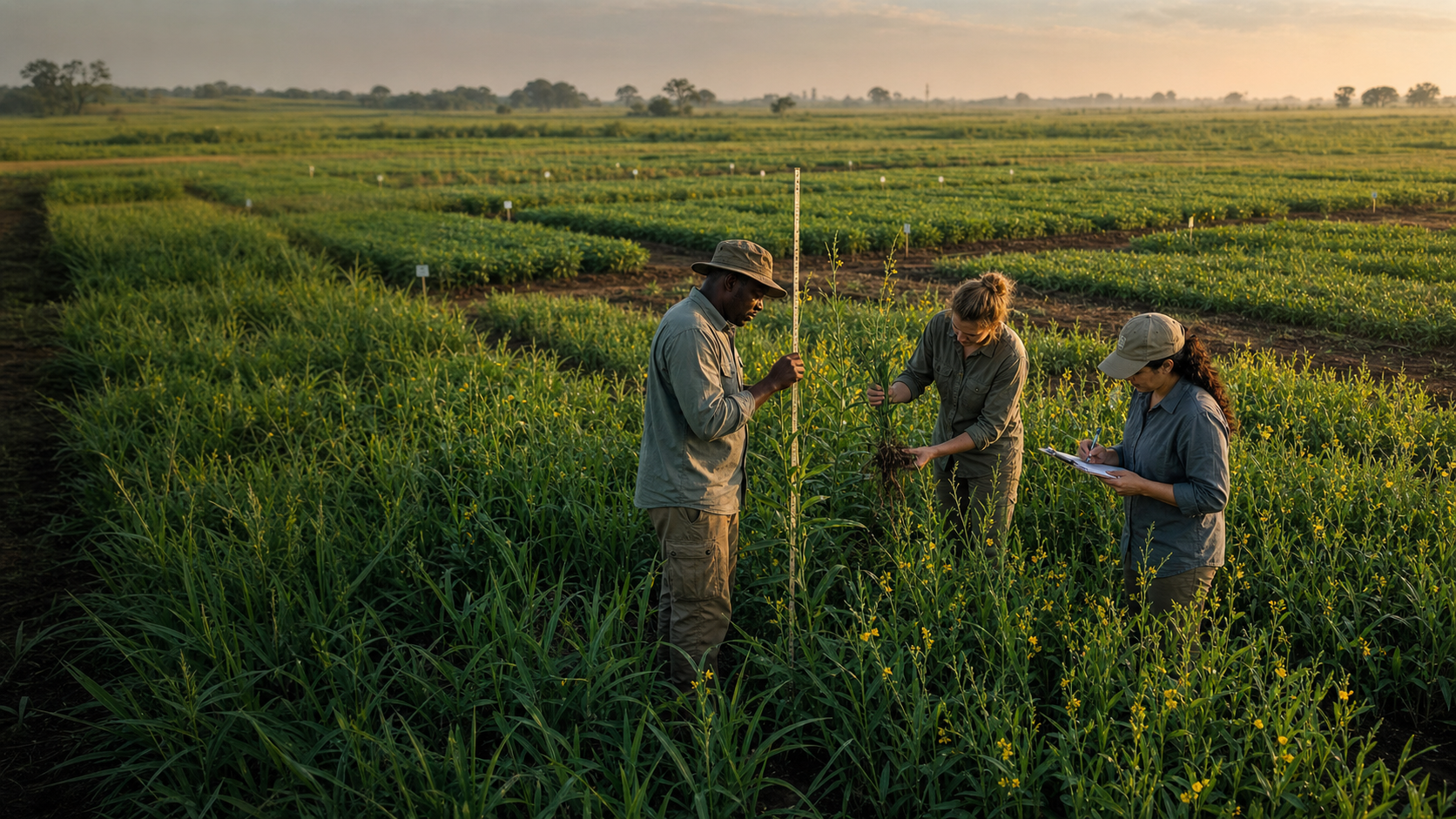 Los agrónomos miden los cultivos de cobertura de floración en parcelas de investigación de campo replicadas